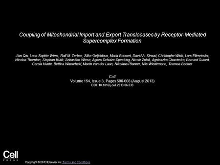 Coupling of Mitochondrial Import and Export Translocases by Receptor-Mediated Supercomplex Formation Jian Qiu, Lena-Sophie Wenz, Ralf M. Zerbes, Silke.