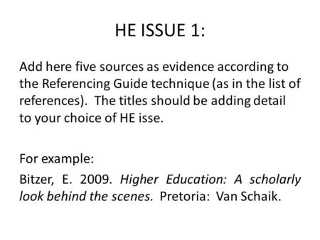 HE ISSUE 1: Add here five sources as evidence according to the Referencing Guide technique (as in the list of references). The titles should be adding.