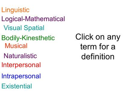 Interpersonal Bodily-Kinesthetic Visual Spatial Musical Linguistic Logical-Mathematical Intrapersonal Existential Naturalistic Click on any term for a.