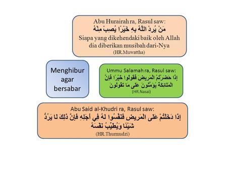 Menghibur agar bersabar Abu Hurairah ra, Rasul saw: مَنْ يُرِدْ اللَّهُ بِهِ خَيْرًا يُصِبْ مِنْهُ Siapa yang dikehendaki baik oleh Allah dia diberikan.