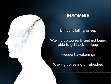 INSOMNIA Difficulty falling asleep Waking up too early and not being able to get back to sleep Frequent awakenings Waking up feeling unrefreshed.