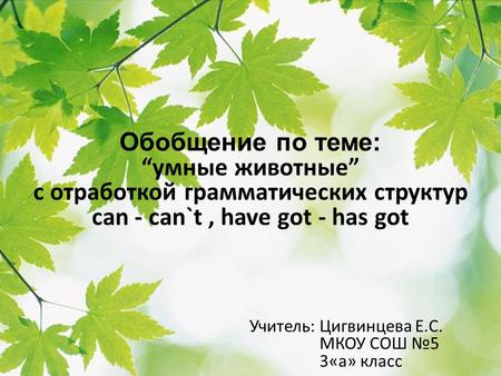 Учитель: Цигвинцева Е.С. МКОУ СОШ №5 3«а» класс Обобщение по теме: “умные животные” с отработкой грамматических структур can - can`t, have got - has got.