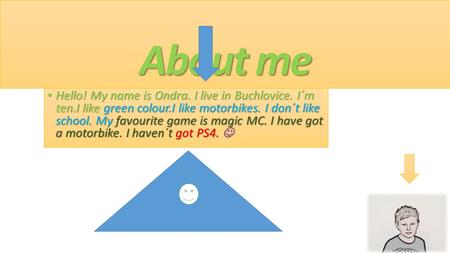 About me Hello! My name is Ondra. I live in Buchlovice. I´m ten.I like green colour.I like motorbikes. I don´t like school. My favourite game is magic.