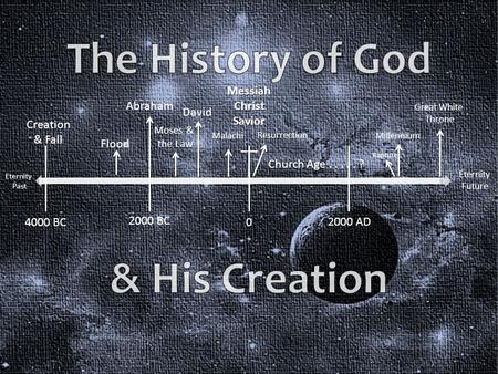 Eternity Past Creation & Fall Eternity Future Flood Abraham 2000 BC 4000 BC 0 2000 AD Moses & the Law David Malachi MessiahChristSavior Church Age.....