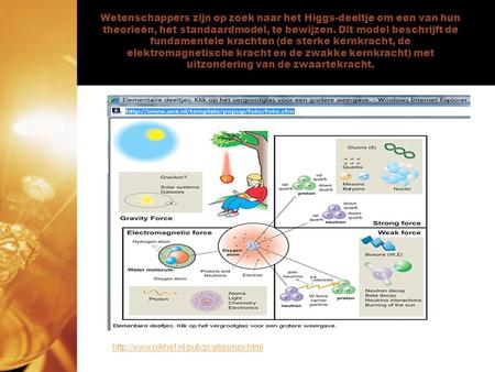 Wetenschappers zijn op zoek naar het Higgs-deeltje om een van hun theorieën, het standaardmodel, te bewijzen. Dit model beschrijft de fundamentele krachten.