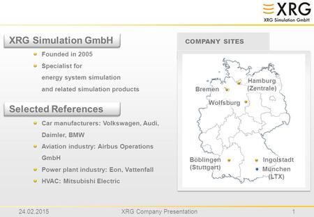 24.02.2015XRG Company Presentation1 XRG Simulation GmbH Founded in 2005 Specialist for energy system simulation and related simulation products Selected.