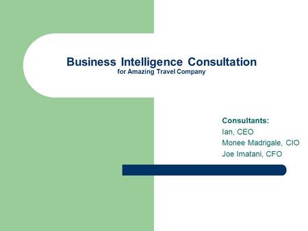 Business Intelligence Consultation for Amazing Travel Company Consultants: Ian, CEO Monee Madrigale, CIO Joe Imatani, CFO.