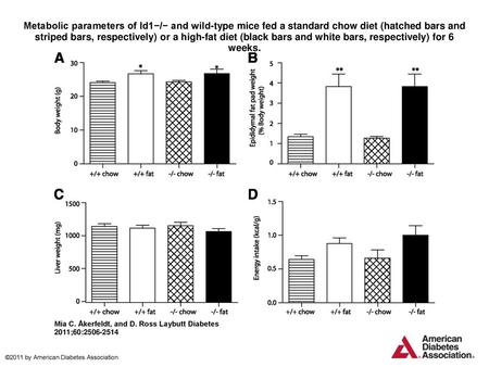 Metabolic parameters of Id1−/− and wild-type mice fed a standard chow diet (hatched bars and striped bars, respectively) or a high-fat diet (black bars.