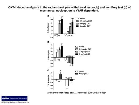 OXT-induced analgesia in the radiant-heat paw withdrawal test (a, b) and von Frey test (c) of mechanical nociception is V1AR dependent. OXT-induced analgesia.