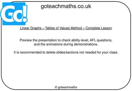 Linear Graphs – Tables of Values Method – Complete Lesson