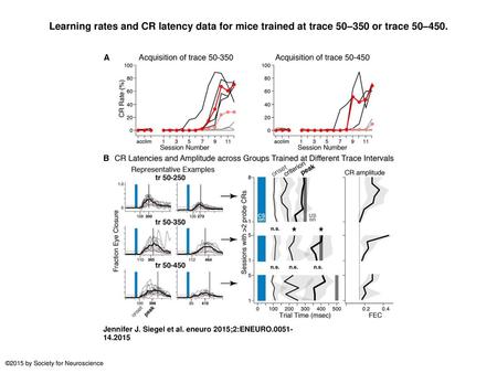 Learning rates and CR latency data for mice trained at trace 50–350 or trace 50–450. Learning rates and CR latency data for mice trained at trace 50–350.