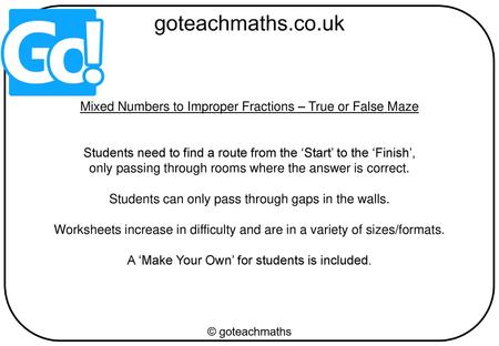 Mixed Numbers to Improper Fractions – True or False Maze