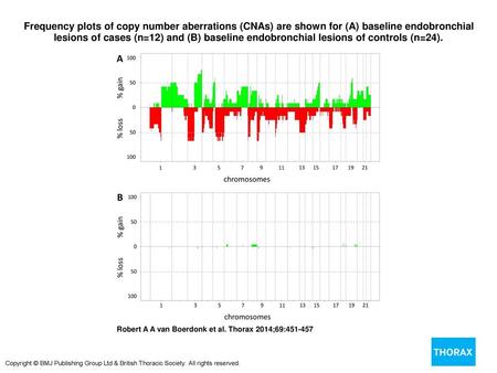 Frequency plots of copy number aberrations (CNAs) are shown for (A) baseline endobronchial lesions of cases (n=12) and (B) baseline endobronchial lesions.