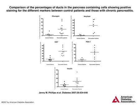 Comparison of the percentages of ducts in the pancreas containing cells showing positive staining for the different markers between control patients and.