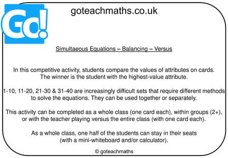 Simultaeous Equations – Balancing – Versus