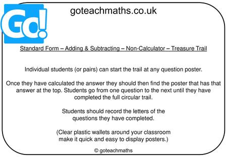 Standard Form – Adding & Subtracting – Non-Calculator – Treasure Trail