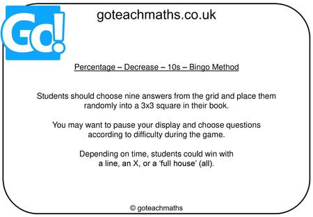 Percentage – Decrease – 10s – Bingo Method