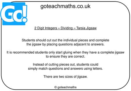 2 Digit Integers – Dividing – Tarsia Jigsaw