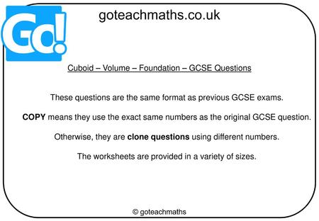 Cuboid – Volume – Foundation – GCSE Questions