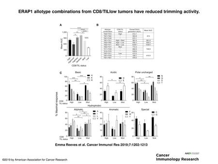 ERAP1 allotype combinations from CD8/TILlow tumors have reduced trimming activity. ERAP1 allotype combinations from CD8/TILlow tumors have reduced trimming.