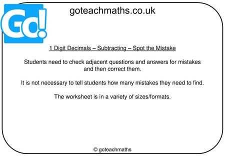 1 Digit Decimals – Subtracting – Spot the Mistake