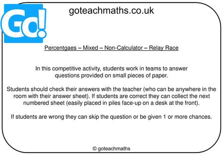 Percentgaes – Mixed – Non-Calculator – Relay Race