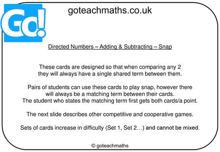 Directed Numbers – Adding & Subtracting – Snap