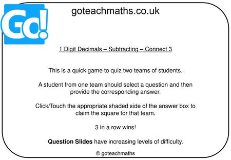 1 Digit Decimals – Subtracting – Connect 3