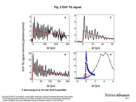 Fig. 2 EUV TG signal. EUV TG signal. Black lines in (A), (B), and (C) are the EUV TG signals from Si3N4 membranes at LTG = 110, 85, and 28 nm, respectively,