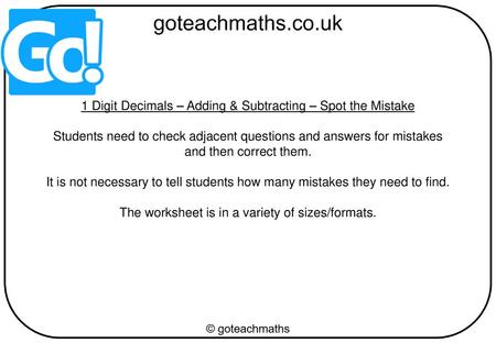 1 Digit Decimals – Adding & Subtracting – Spot the Mistake