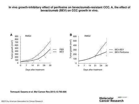 In vivo growth-inhibitory effect of perifosine on bevacizumab-resistant CCC. A, the effect of bevacizumab (BEV) on CCC growth in vivo. In vivo growth-inhibitory.