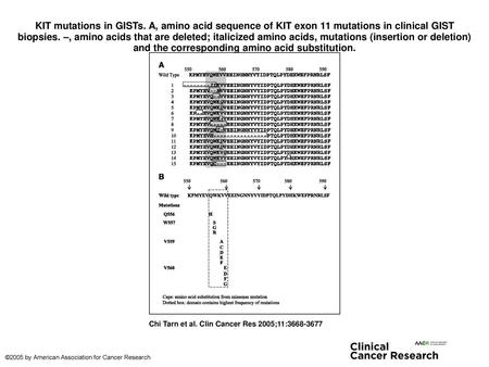 KIT mutations in GISTs. A, amino acid sequence of KIT exon 11 mutations in clinical GIST biopsies. –, amino acids that are deleted; italicized amino acids,