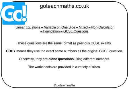 Linear Equations – Variable on One Side – Mixed – Non-Calculator