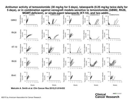 Antitumor activity of temozolomide (30 mg/kg for 5 days), talazoparib (0.25 mg/kg twice daily for 5 days), or in combination against xenograft models sensitive.