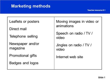 Slide 1 Marketing methods Leaflets or posters Direct mail Telephone selling Newspaper and/or magazine Promotional gifts Badges and logos Moving images.