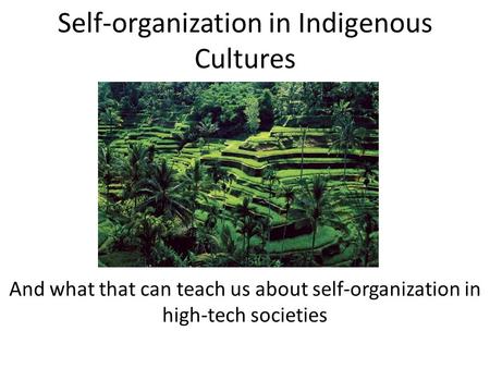 Self-organization in Indigenous Cultures And what that can teach us about self-organization in high-tech societies.