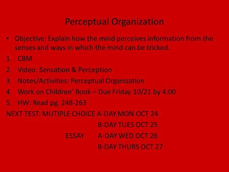 Perceptual Organization Objective: Explain how the mind perceives information from the senses and ways in which the mind can be tricked. 1.CBM 2.Video: