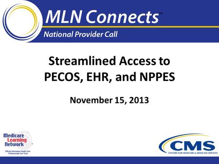 Streamlined Access to PECOS, EHR, and NPPES November 15, 2013.