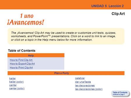 Table of Contents Help How to Find Clip Art How to Export Clip Art How to Print Clip Art Plan a Party cantar bailar celebrar dar una fiesta las decoraciones.