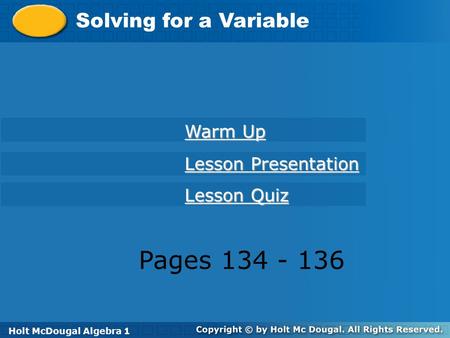 Pages Solving for a Variable Warm Up Lesson Presentation