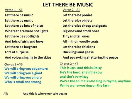 LET THERE BE MUSIC Verse 1 - All Let there be music Let there by magic