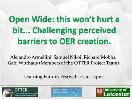 Alejandro Armellini, Samuel Nikoi, Richard Mobbs, Gabi Witthaus (Members of the OTTER Project Team) Learning Futures Festival: 12 Jan, 12pm.