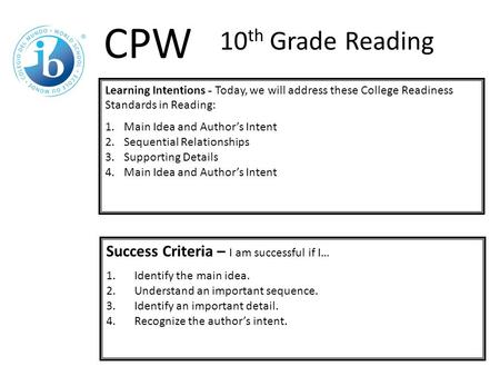 Learning Intentions - Today, we will address these College Readiness Standards in Reading: 1.Main Idea and Author’s Intent 2.Sequential Relationships 3.Supporting.