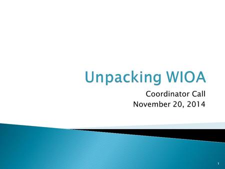 Coordinator Call November 20, 2014 1. Program Alignment Unified strategic planning across core programs Enhances role of State and Local Workforce Development.