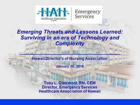 Emerging Threats and Lessons Learned: Surviving in an era of Technology and Complexity Hawaii Director’s of Nursing Association January 30, 2015 Toby L.