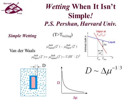 Wetting When It Isn’t Simple! P.S. Pershan, Harvard Univ. Simple Wetting Van der Waals (T>T boiling ) D.