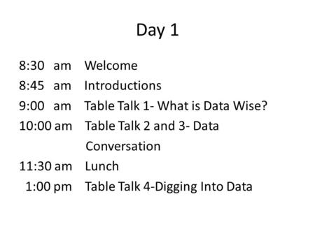 Day 1 8:30 am Welcome 8:45 am Introductions 9:00 am Table Talk 1- What is Data Wise? 10:00 am Table Talk 2 and 3- Data Conversation 11:30 am Lunch 1:00.