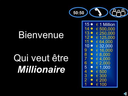 15 14 13 12 11 10 9 8 7 6 5 4 3 2 1 € 1 Million € 500,000 € 250,000 € 125,000 € 64,000 € 32,000 € 16,000 € 8,000 € 4,000 € 2,000 € 1,000 € 500 € 300 €