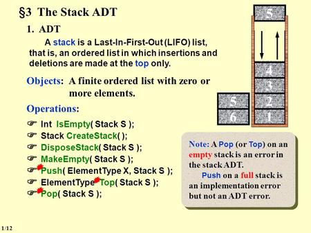 §3 The Stack ADT 1. ADT 1 2 3 4 5 6 65 6 5 A stack is a Last-In-First-Out (LIFO) list, that is, an ordered list in which insertions and deletions are.