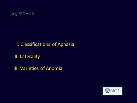 I. Classifications of Aphasia II. Laterality III. Varieties of Anomia Ling 411 – 06.